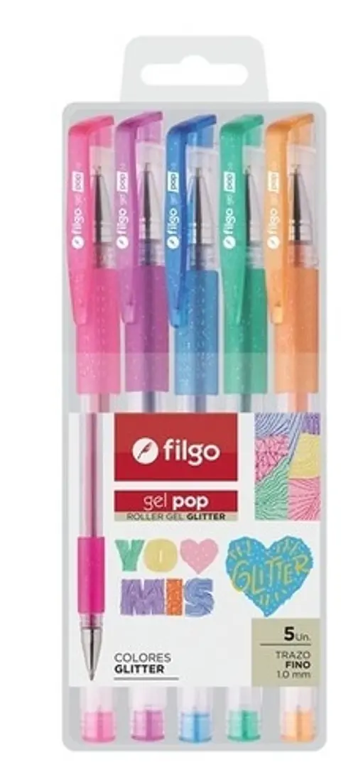 Boligrafo Filgo Roller Gel Pop Glitter Estuche X5u