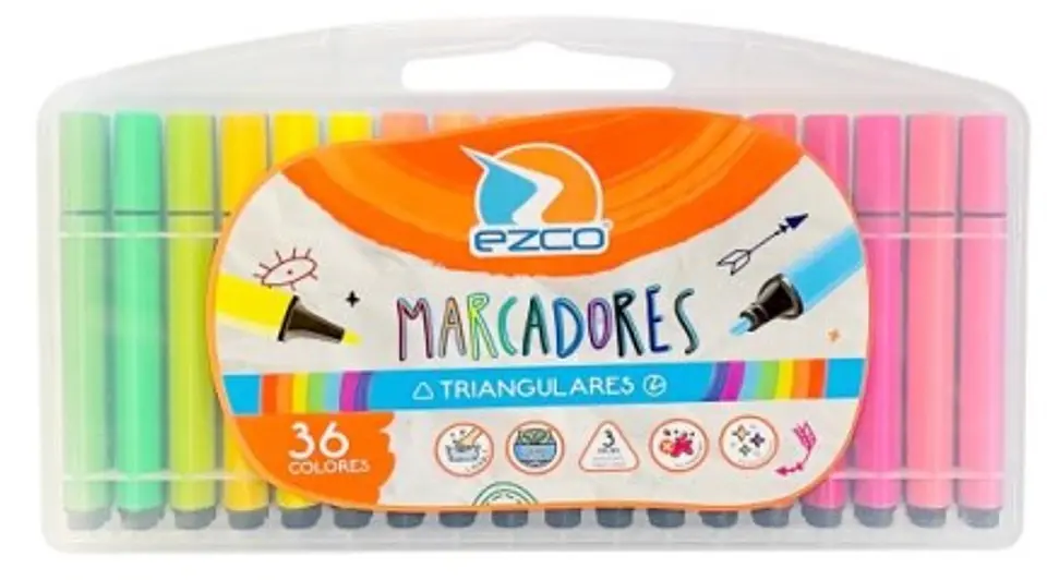 Marcadores Ezco Triangulares X 36 Colores (valija Plastica) 1