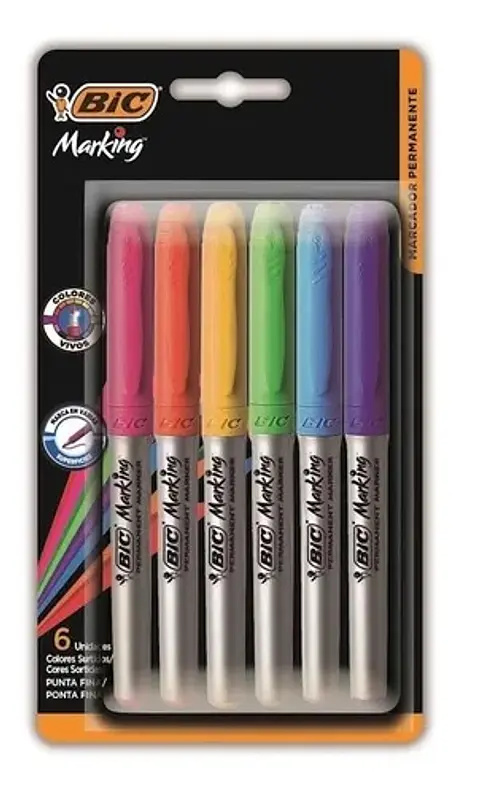 Marcador Bic Grip Marking Permanente Blister X6u. Colores Fashion