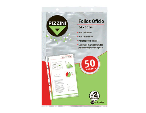 Folio Pizzini Extra Cristal Oficio Pp 50mic X 10u. Desplegados.