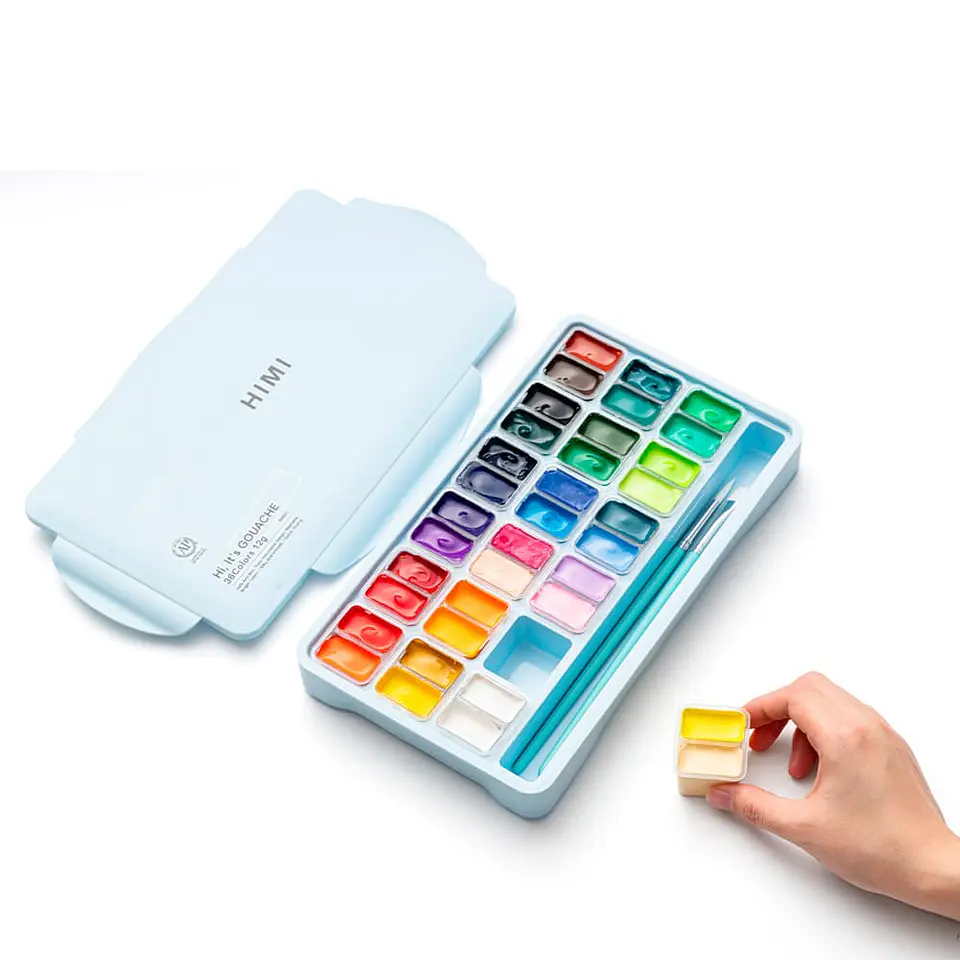 HIMI SET GOUACHE 36 COLORES / 12GR + INCLUYE 3 PINCELES ESTUCHE AZUL 3