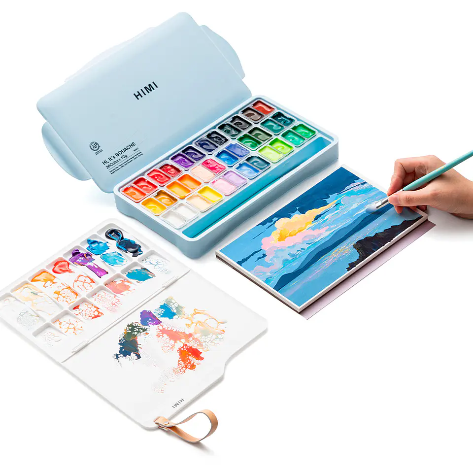HIMI SET GOUACHE 36 COLORES / 12GR + INCLUYE 3 PINCELES ESTUCHE AZUL 4