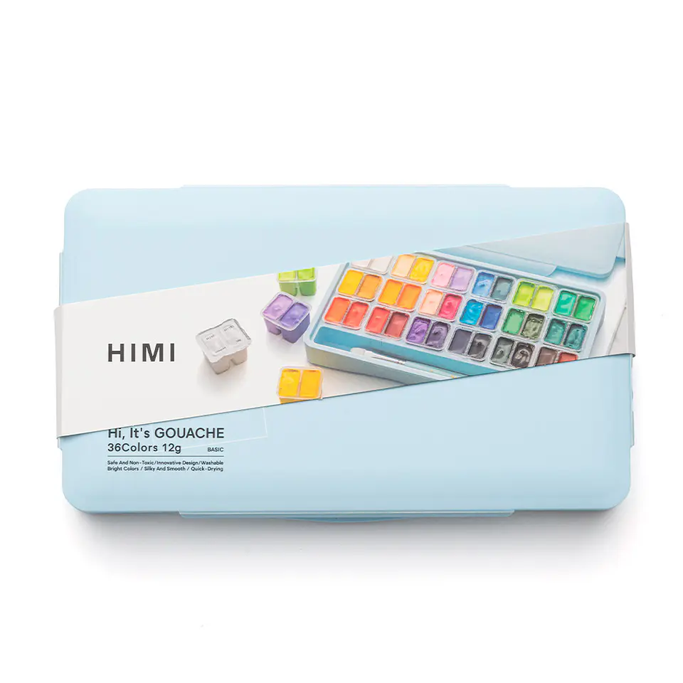 HIMI SET GOUACHE 36 COLORES / 12GR + INCLUYE 3 PINCELES ESTUCHE AZUL 1