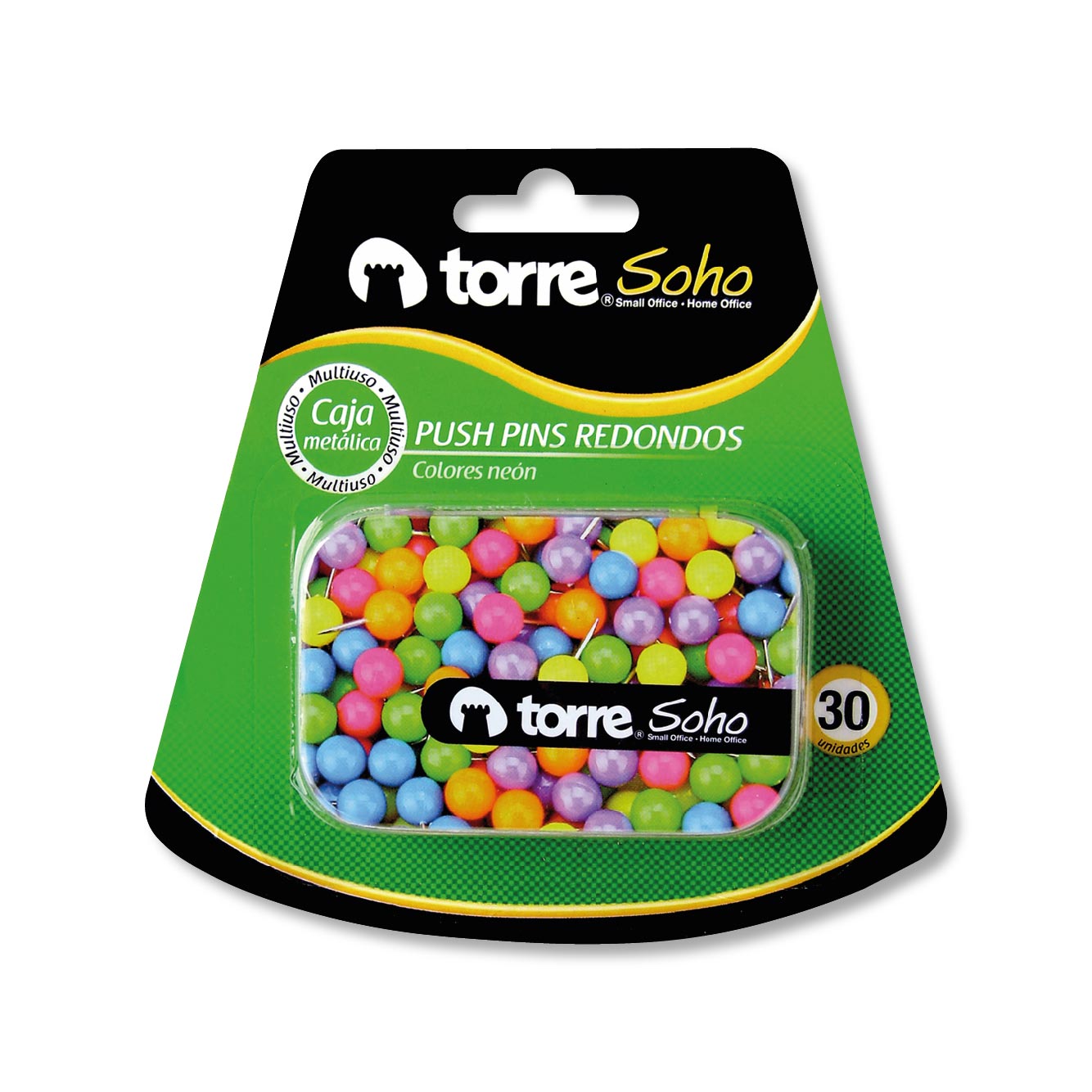 Blíster Caja Metálica Push Pins Neón 30 Unidades