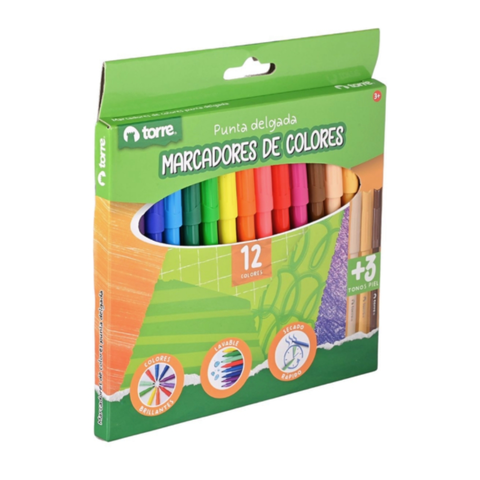 Plumones Dibujo 12 Colores + 3 Tonos Piel