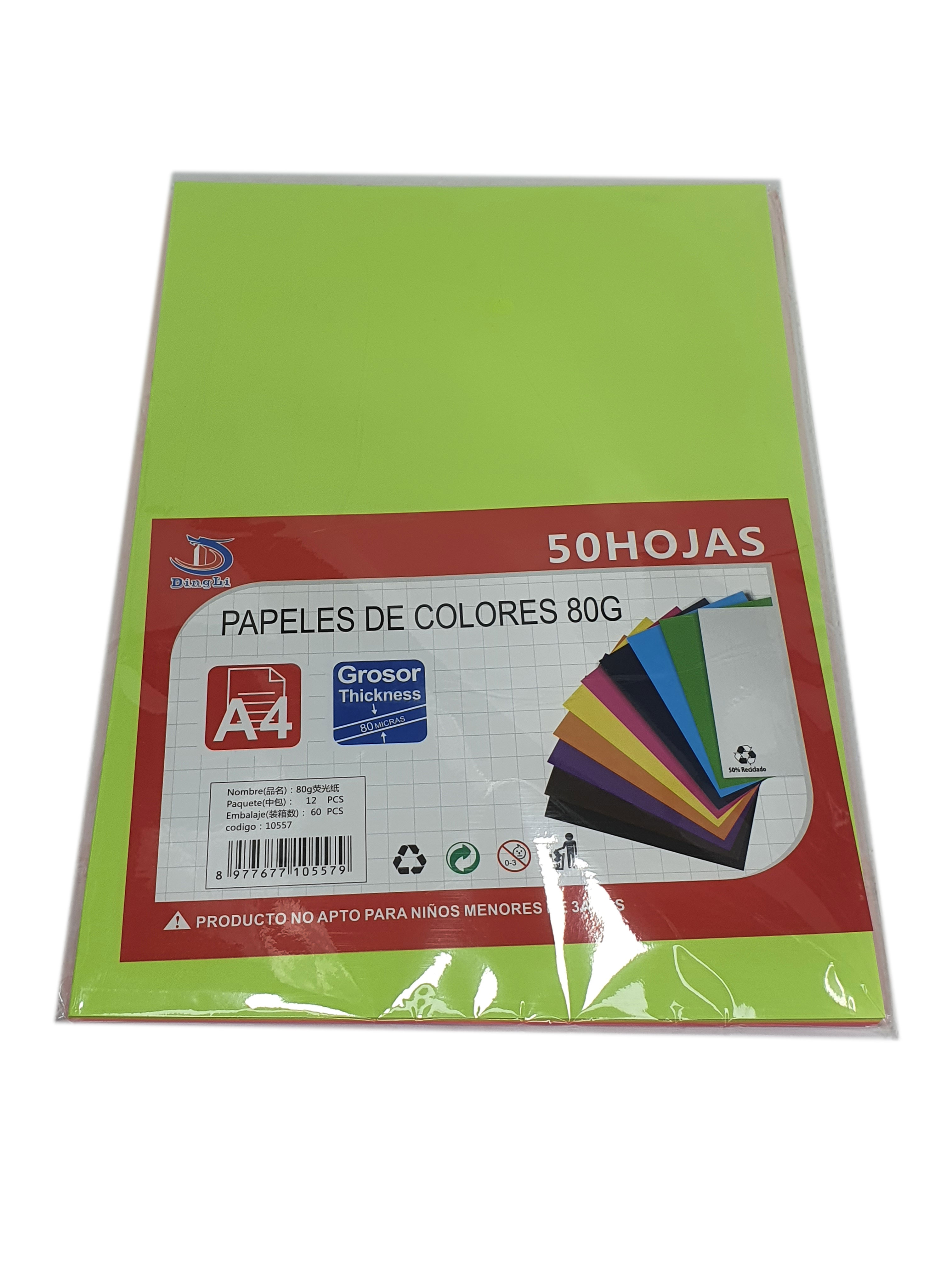 50 Hojas de Color Fluor 80g Papel Bond A4 DingLi