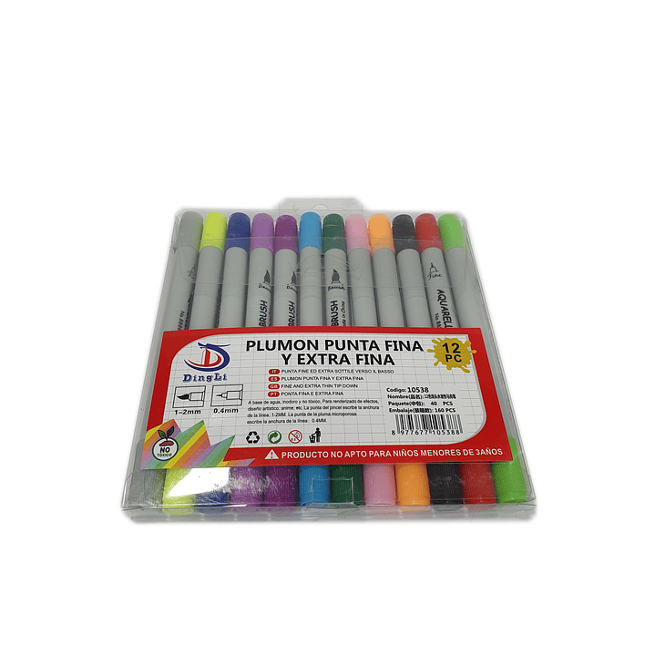 Plumón - Marcador 12 Colores punta pincel y fina - doble punta.  2