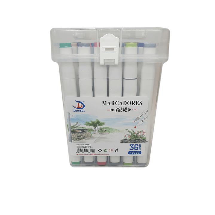 Pack 36 marcadores doble punta DingLi con estuche plástico /10732 1