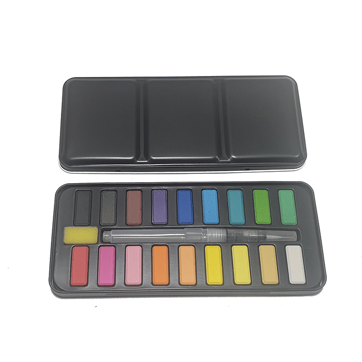 Pincel de agua para acuarela + acuarela 18 colores estuche metálico 1