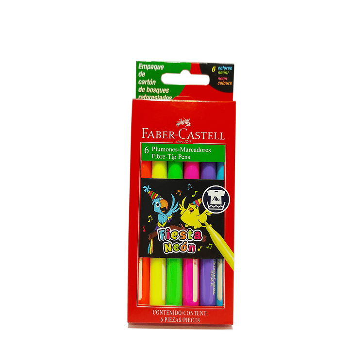 Caja 6 plumón Marcador Fiesta Neón Lavable Faber-Castell 1