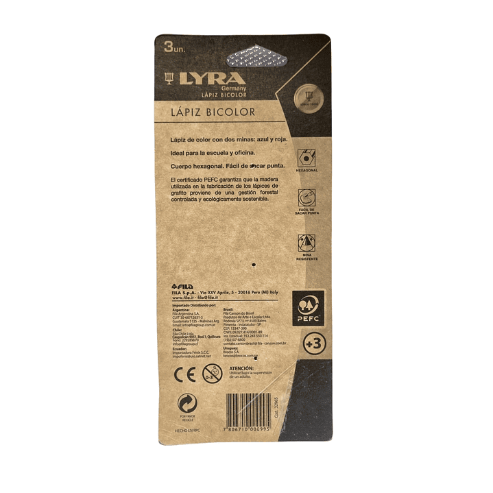 Pack 3 lapices exagonal Bicolor Rojo/Azul Lyra 2