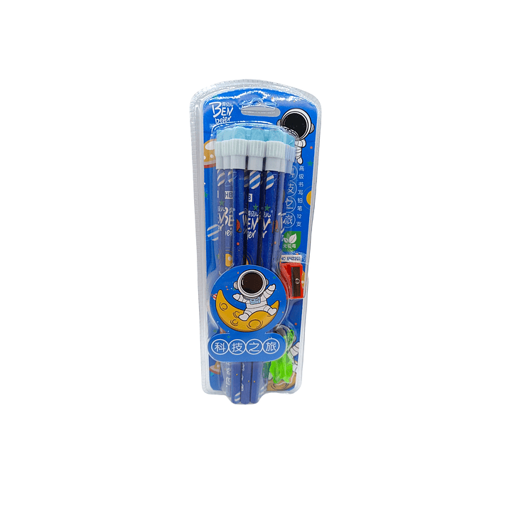 Pack 12 lápices grafito con diseño + sacapuntas 6