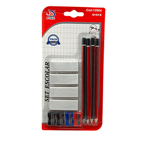 Set Escolar 4 Lapices - 4 Gomas - 4 Sacapuntas