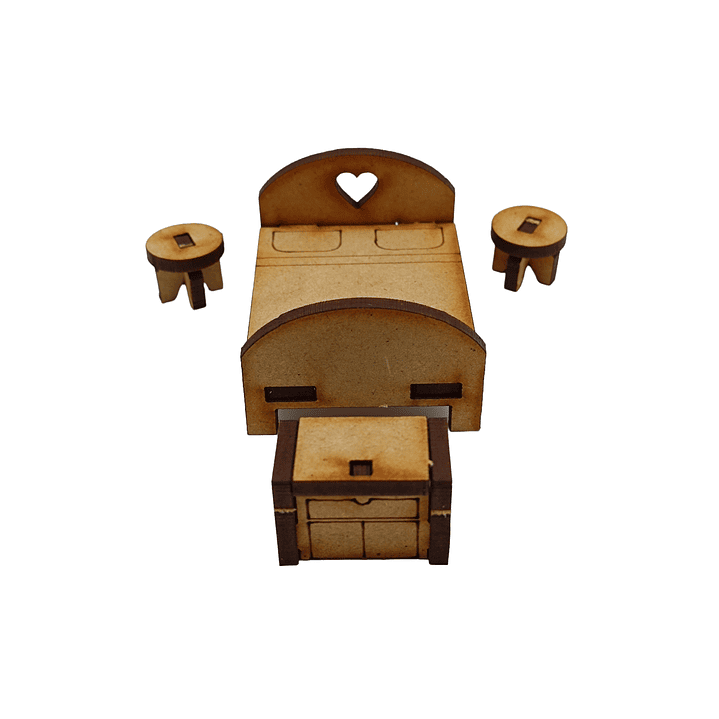 Pack dormitorio 2 Plazas + 2 Veladores para maqueta Laser /Nilsa 2
