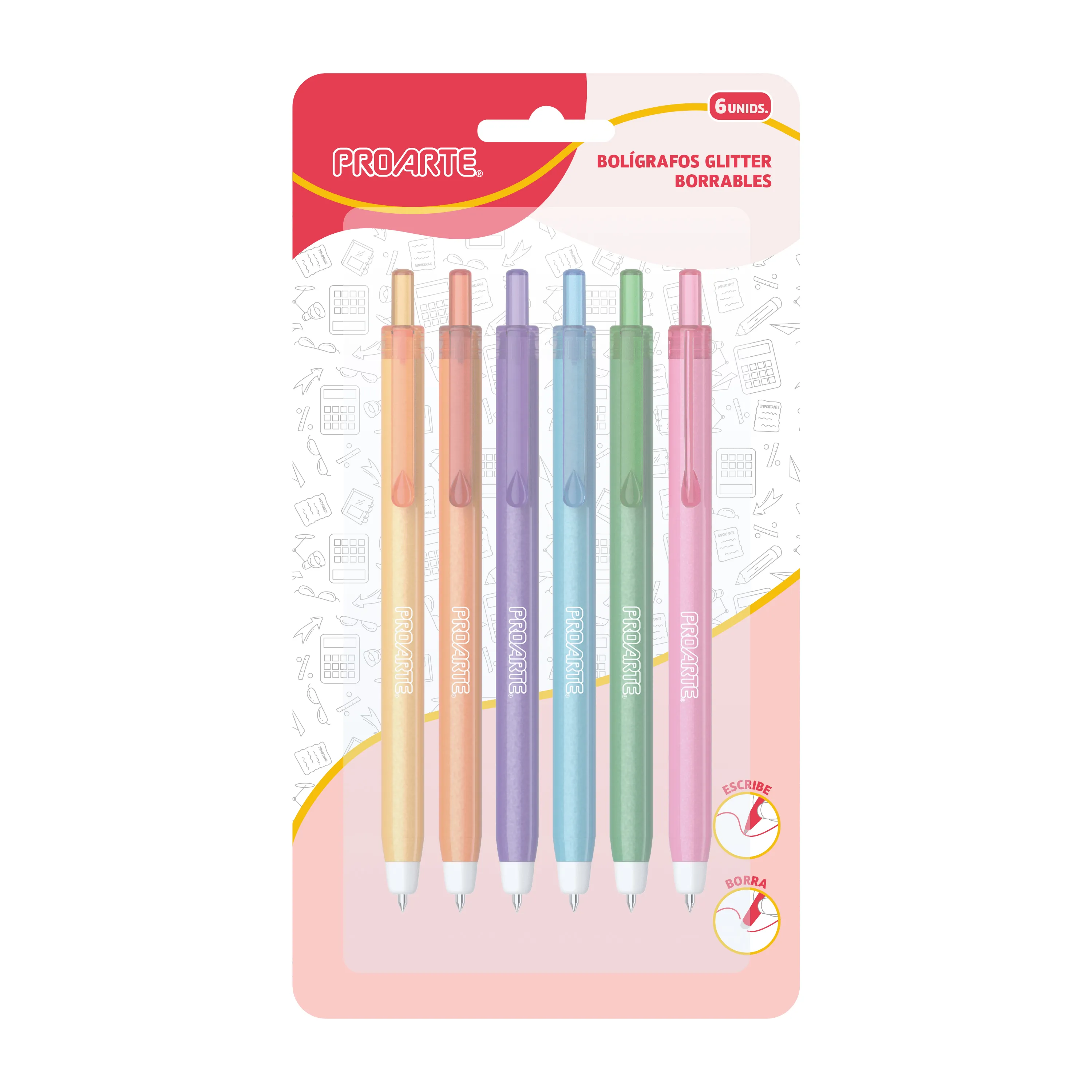 Set 6 Lapices Glitter Borrable Proarte