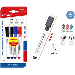 Set 4 Plumones De Pizarra C / Borrador Motarro