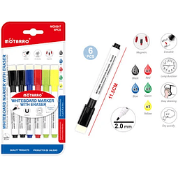 Set 6 Plumones Pizarra Tapa Magnética y Borrador Motarro