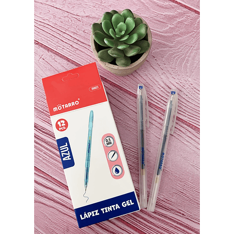 Caja 12 unidades De Lápiz Tinta Gel 0.7 Azul Cuerpo Transparente Motarro
