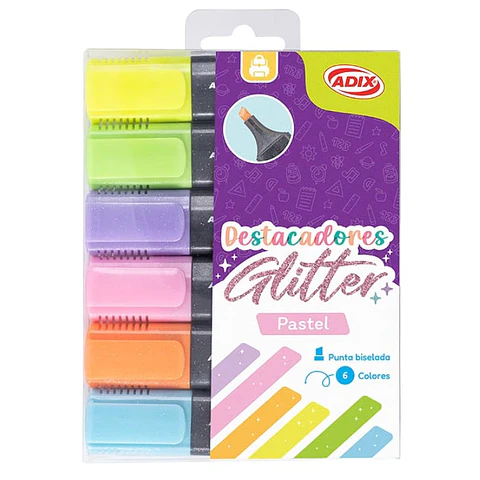 Set 6 Destacador Glitter Pastel Adix