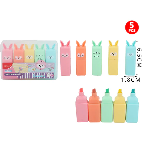 Set 5 Destacador Pastel Mini Conejo Pastel
