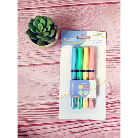 Set 4 Destacador Slim Pastel Punta Biselada Proarte