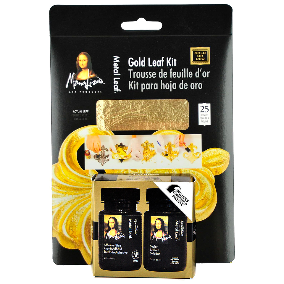 Kit 25 Hojas Pan De Oro + Adhesivo 59ml Y Sellador Mona Lisa 1