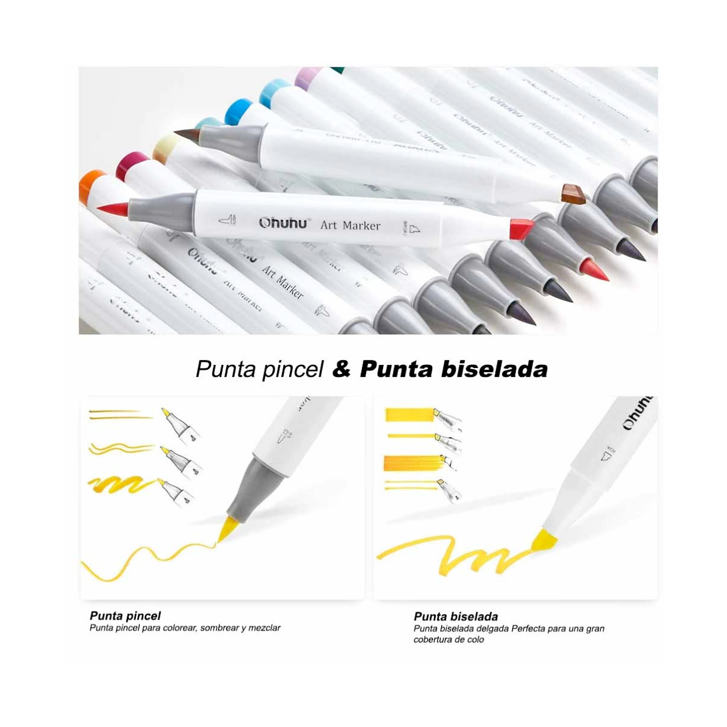 OHUHU 72 Marcadores de Alcohol + 1 Blender (Pincel & Biselada) 4