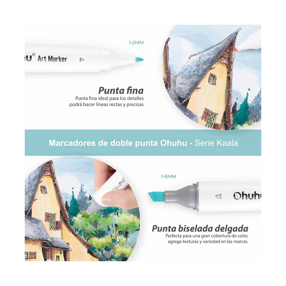 Ohuhu 60 Marcadores De Alcohol + 1 Blender Fina y Biselada 2