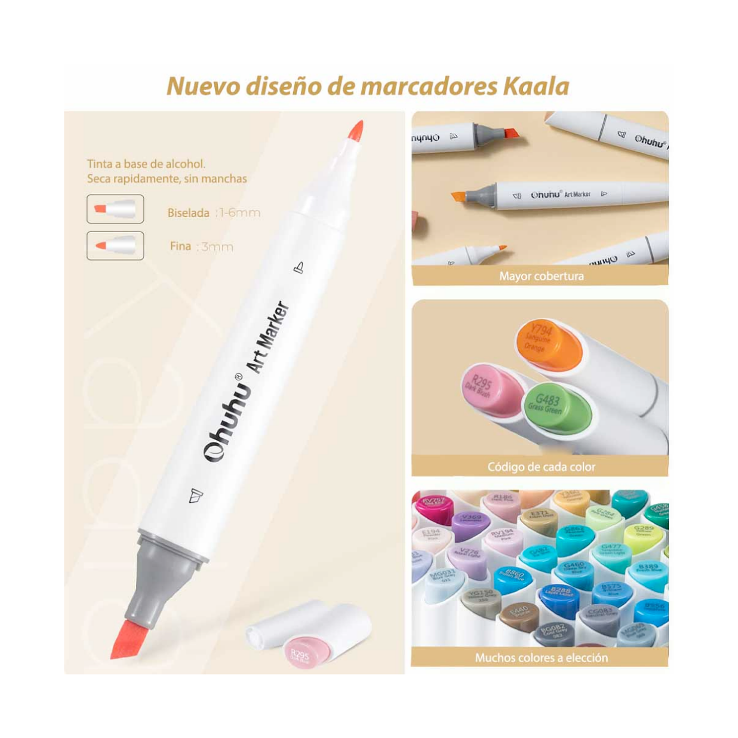 Ohuhu 60 Marcadores De Alcohol + 1 Blender Fina y Biselada 3