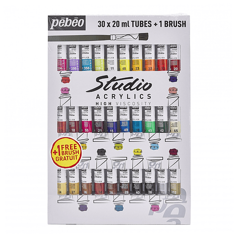 Acrílico Pebeo Studio Set 30 Colores 20ml + Pincel