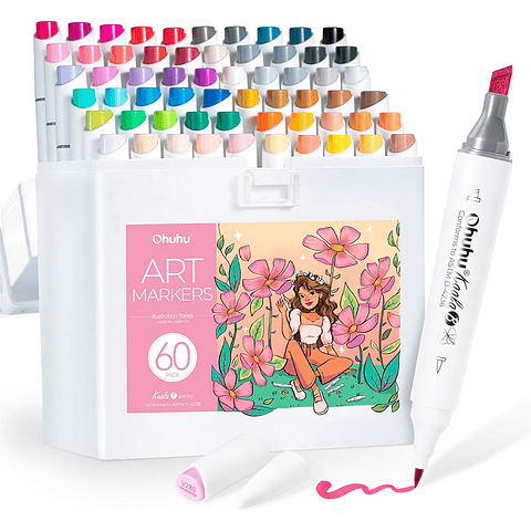 60 Marcadores Base Alcohol Mini Pincel Y Biselada Fina - Ohuhu