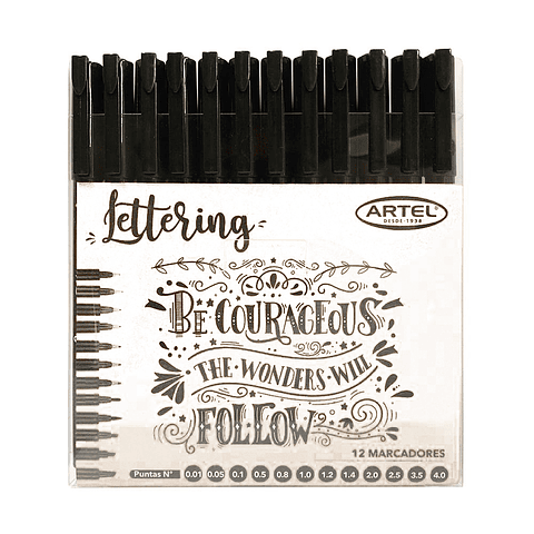 Set  Marcadores Lettering 12 Puntas Negro - Artel
