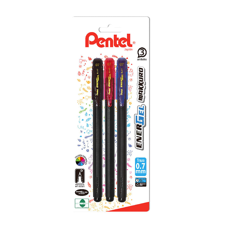 Set 3 Lapices Energel Makkuro 0,7mm Colores Clásicos - Pentel 1