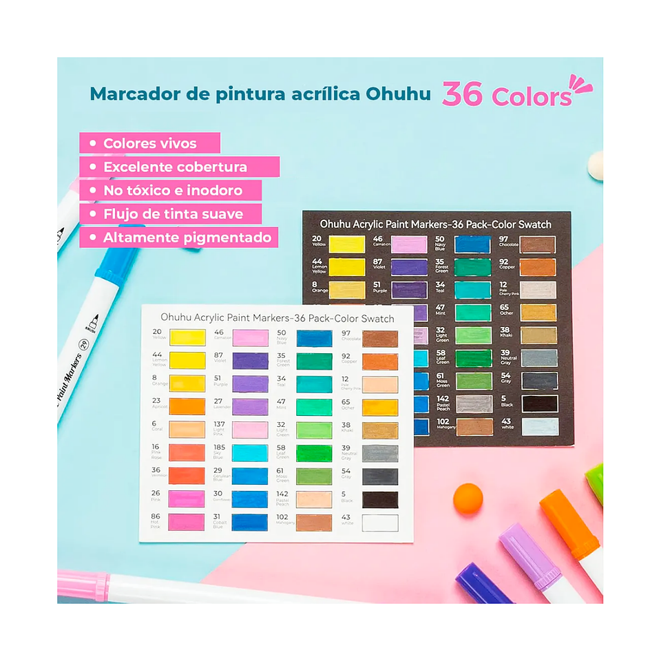 36 Marcadores Acrilico Ohuhu Punta Redonda y Pincel 2