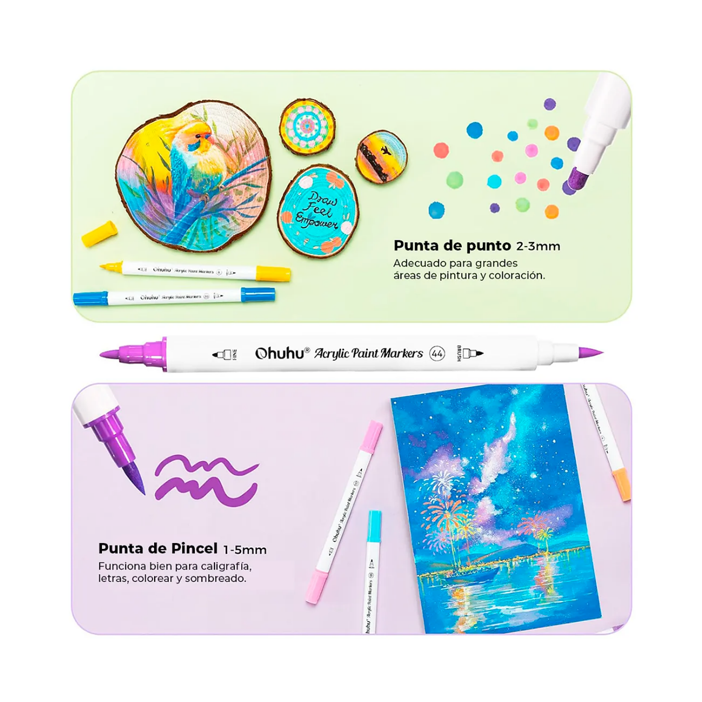 36 Marcadores Acrilico Ohuhu Punta Redonda y Pincel 3