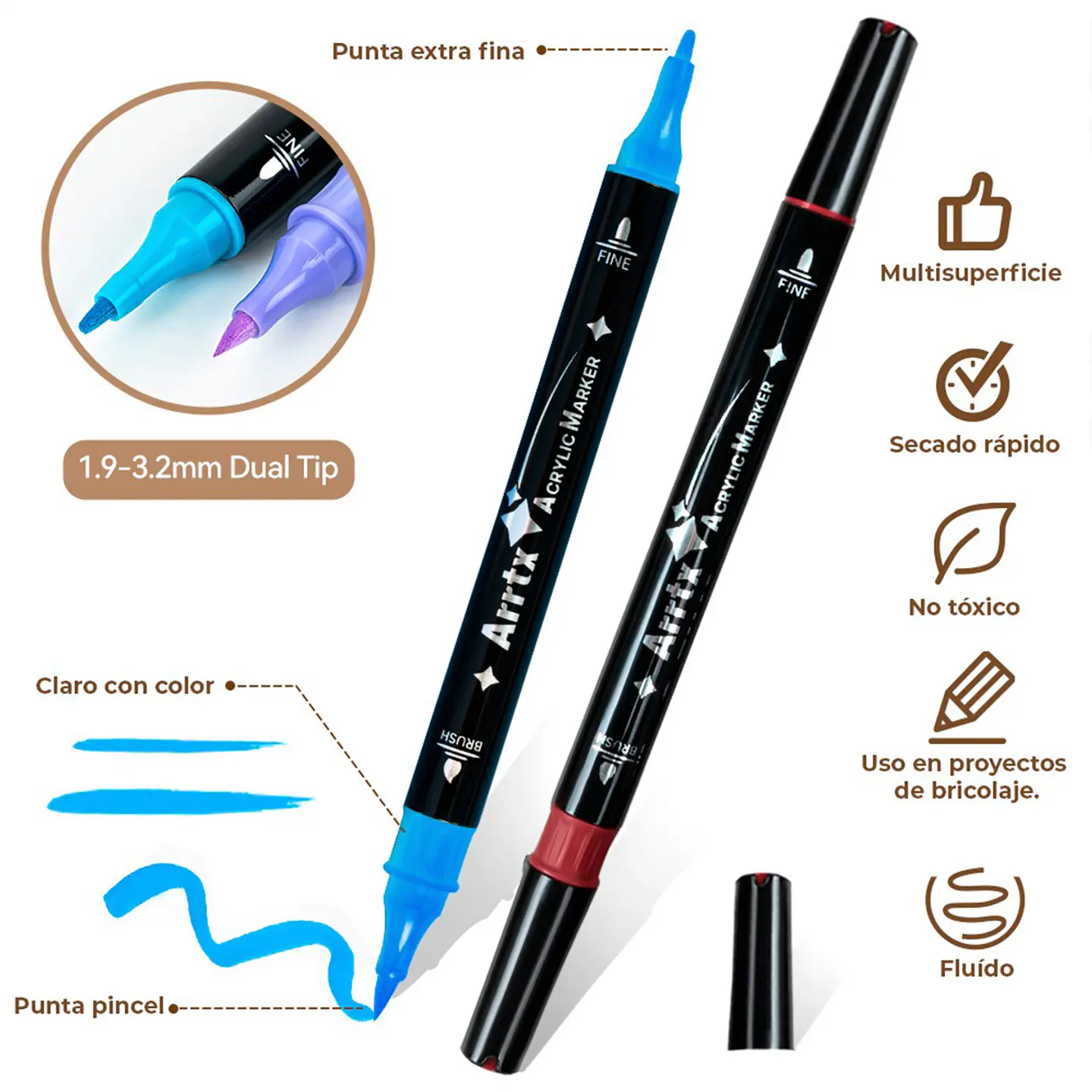 ARRTX Marcadores Acrílicos Doble Punta (Pincel y Fina) 32 Colores 4