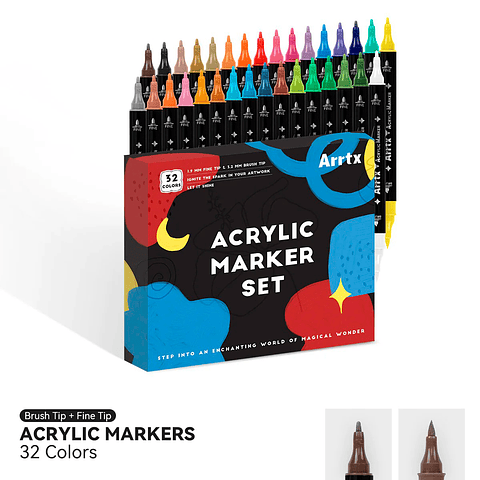 ARRTX Marcadores Acrílicos Doble Punta (Pincel y Fina) 32 Colores