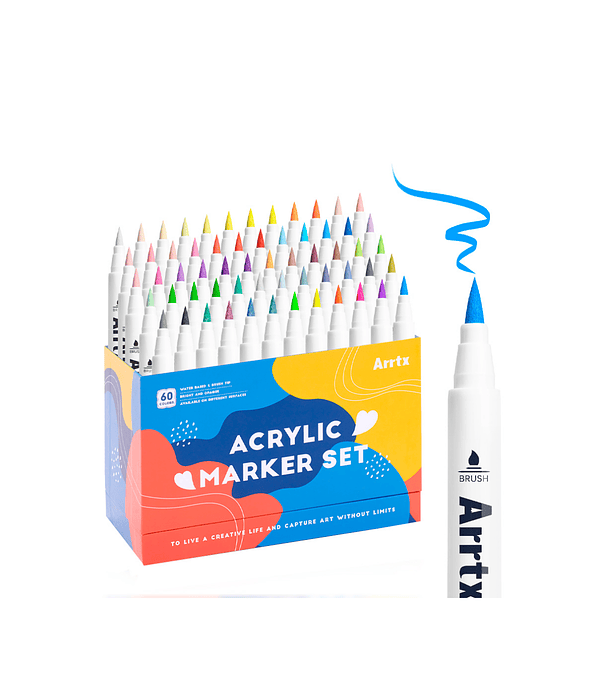 Arrtx Marcadores de Acrilico 60 Colores Punta Pincel (50 Regulares 4 Metalicos 6 Neon)