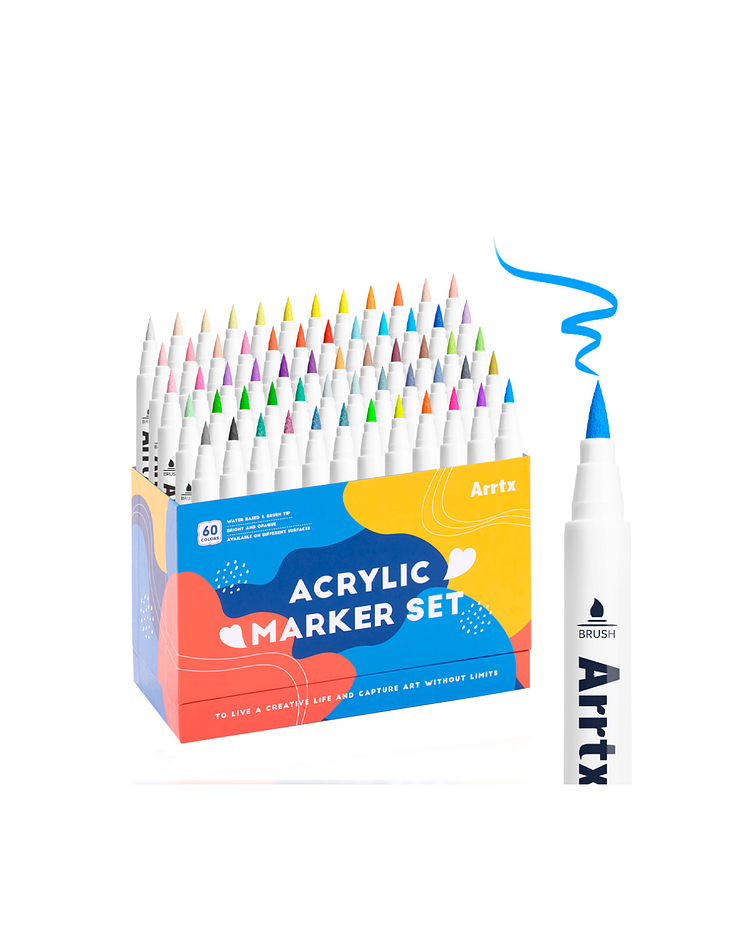 Arrtx Marcadores de Acrilico 60 Colores Punta Pincel (50 Regulares 4 Metalicos 6 Neon)
