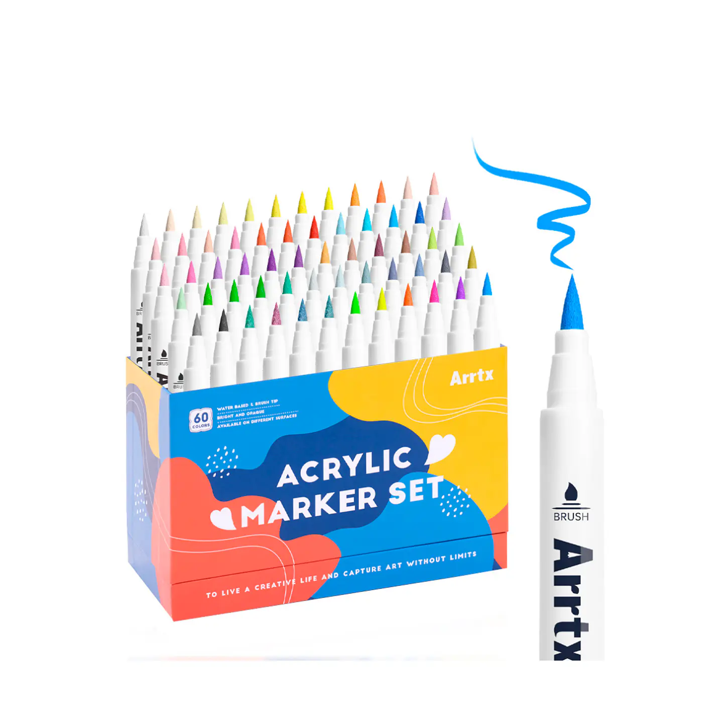 Arrtx Marcadores de Acrilico 60 Colores Punta Pincel (50 Regulares 4 Metalicos 6 Neon) 1