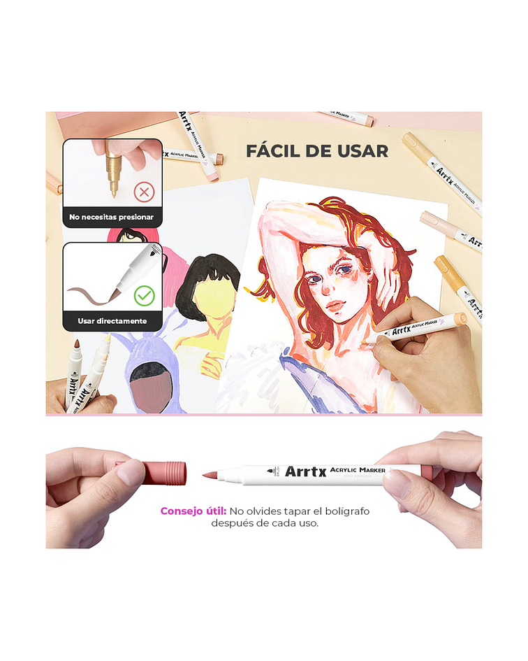 Arrtx Marcadores Acrilicos 30 Colores Piel Punta Pincel