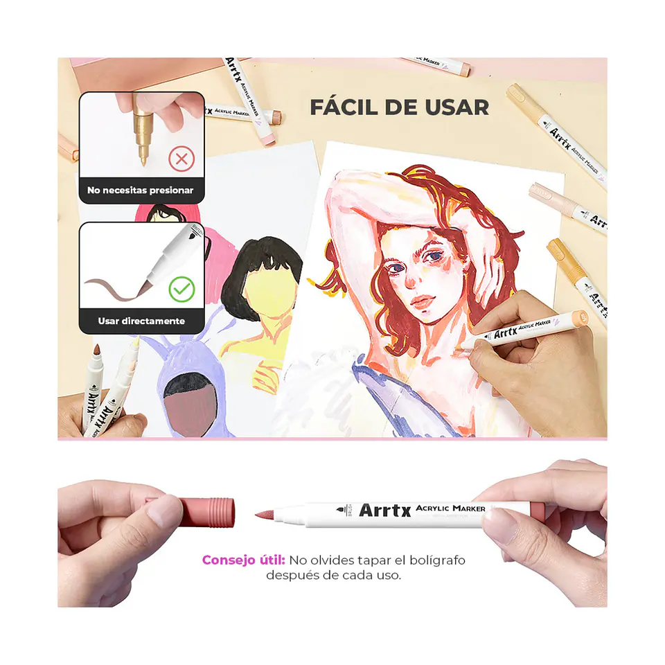 Arrtx Marcadores Acrilicos 30 Colores Piel Punta Pincel 5