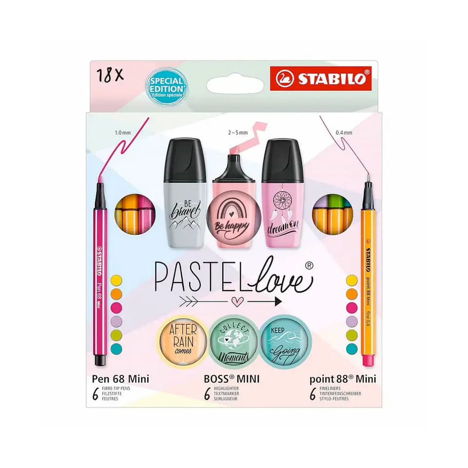 Set STABILO Pastel Love Edición Especial - 18 Piezas (Mini Boss, Pen 68 y Point 88 1
