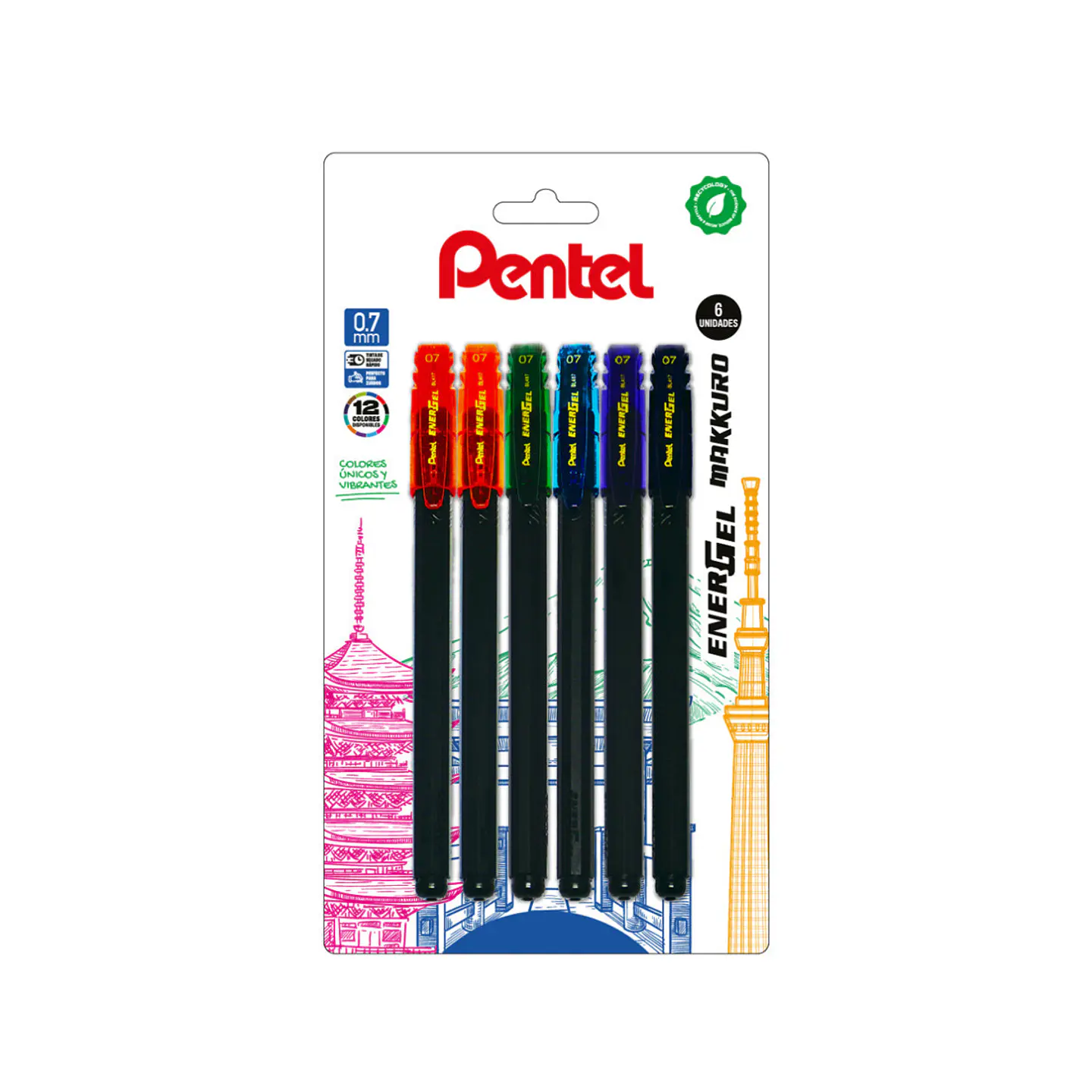Set de Bolígrafos Gel Pentel Energel Makkuro 0.7 mm – 6 Colores Surtidos 1