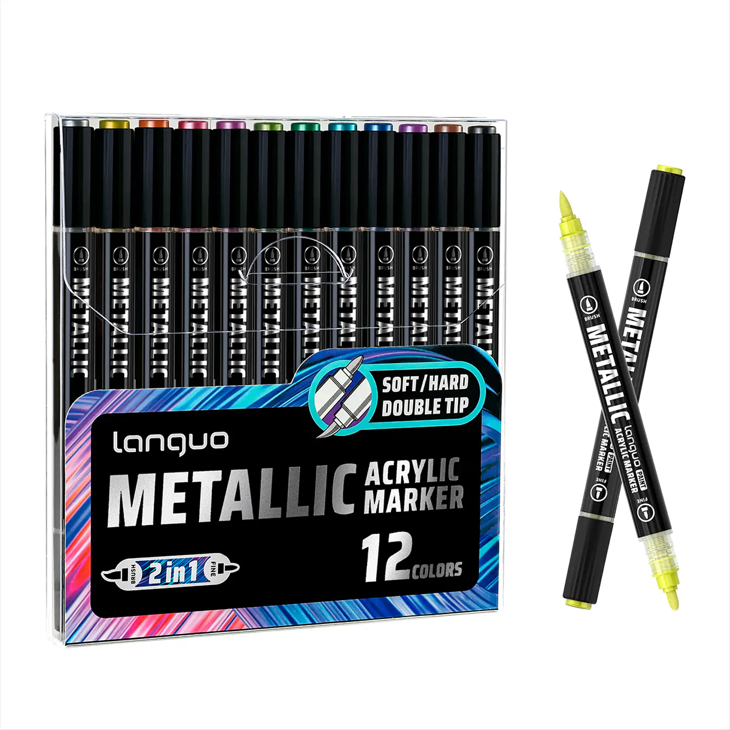 12 Marcadores Acrílicos Metalicos Doble Punta Fina/Brush - Languo 1