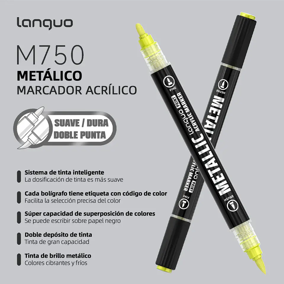 12 Marcadores Acrílicos Metalicos Doble Punta Fina/Brush - Languo 3