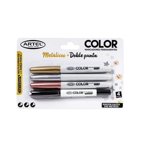 Set de 4 Marcadores Permanentes Artel – 3 Metálicos + 1 Negro Doble Punta
