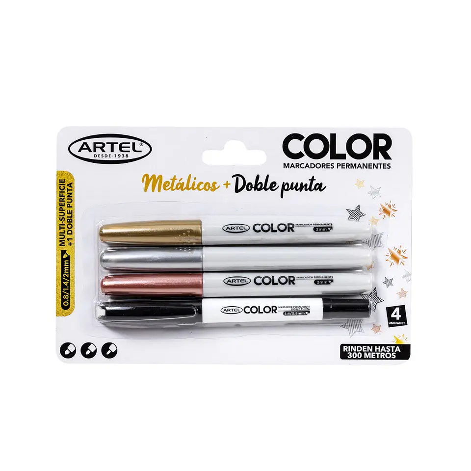 Set de 4 Marcadores Permanentes Artel – 3 Metálicos + 1 Negro Doble Punta 1