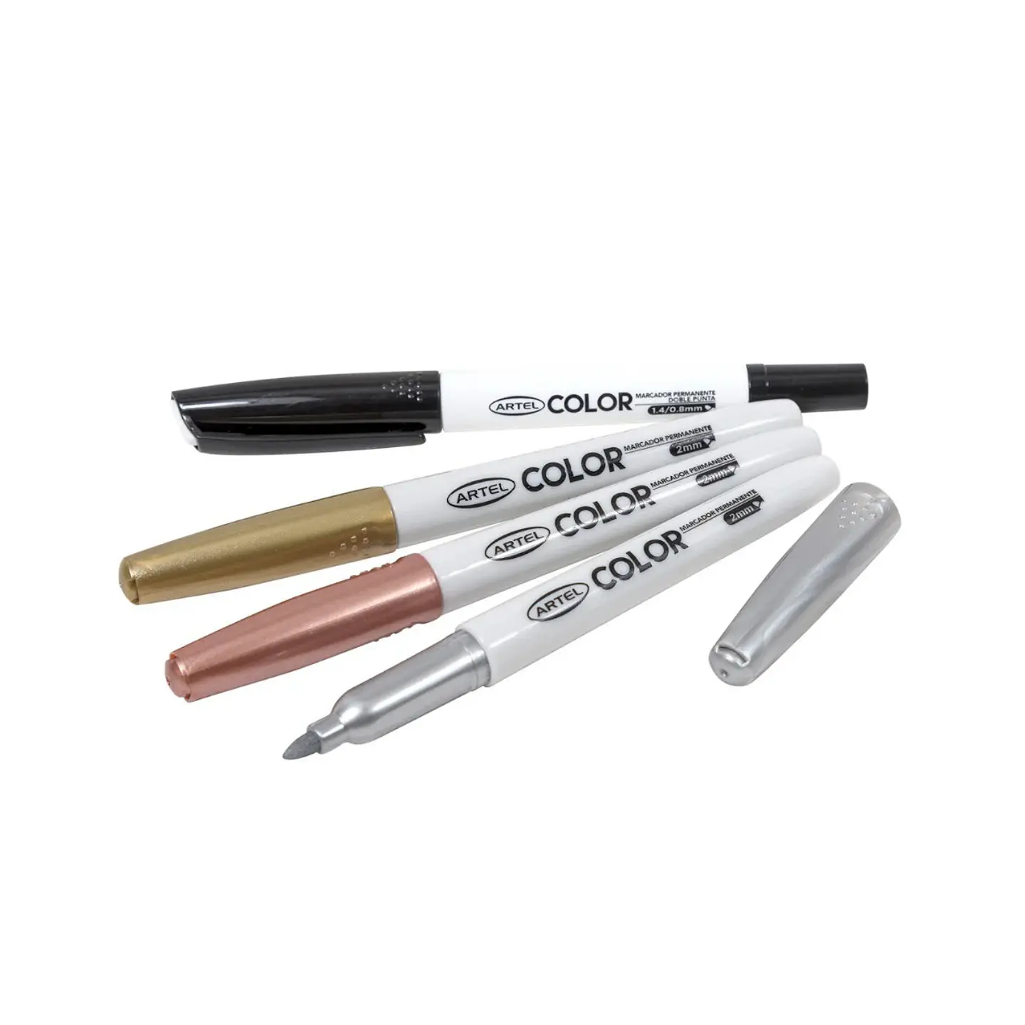 Set de 4 Marcadores Permanentes Artel – 3 Metálicos + 1 Negro Doble Punta 4