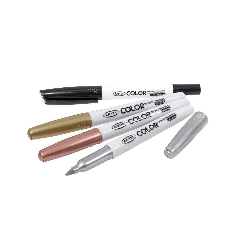 Set de 4 Marcadores Permanentes Artel – 3 Metálicos + 1 Negro Doble Punta 4